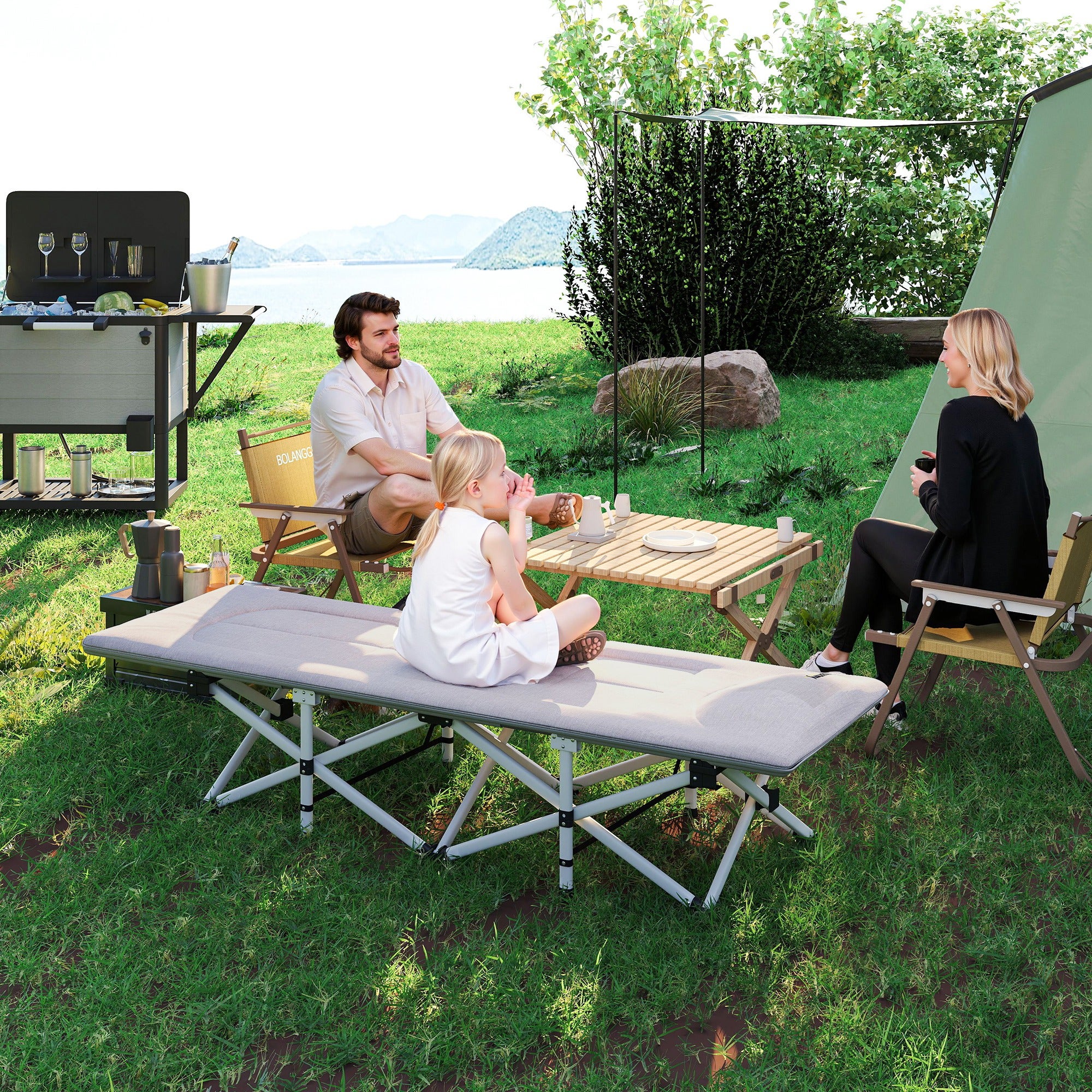 Lit de camping Outsunny pliable avec matelas transat chaise longue sac de rangement intégrée dim. 185L x 65l x 37H cm gris - 8