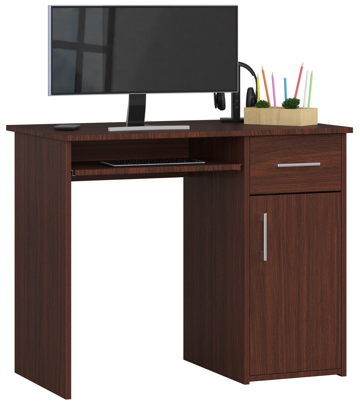 Biurko AKORD PIN Wenge 90 cm biurko komputerowe 1 drzwi 1 szuflada kolor Wenge mat 3 półki 90x50x74 cm