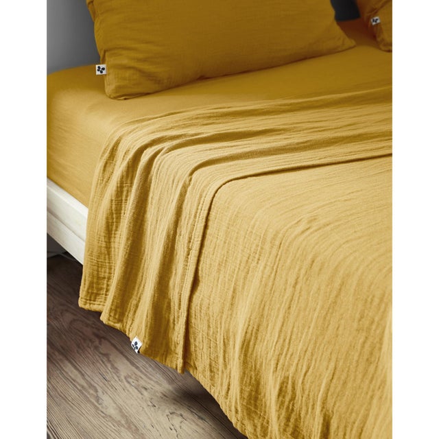 Pack drap plat 240 x 300 cm + Drap housse 140x 190 cm Double gaze de coton safran