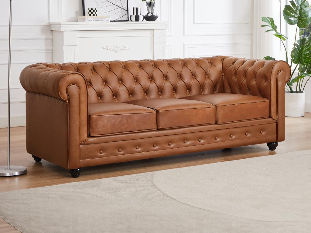 Sofá 3 plazas de piel de vaca color camel chesterfield