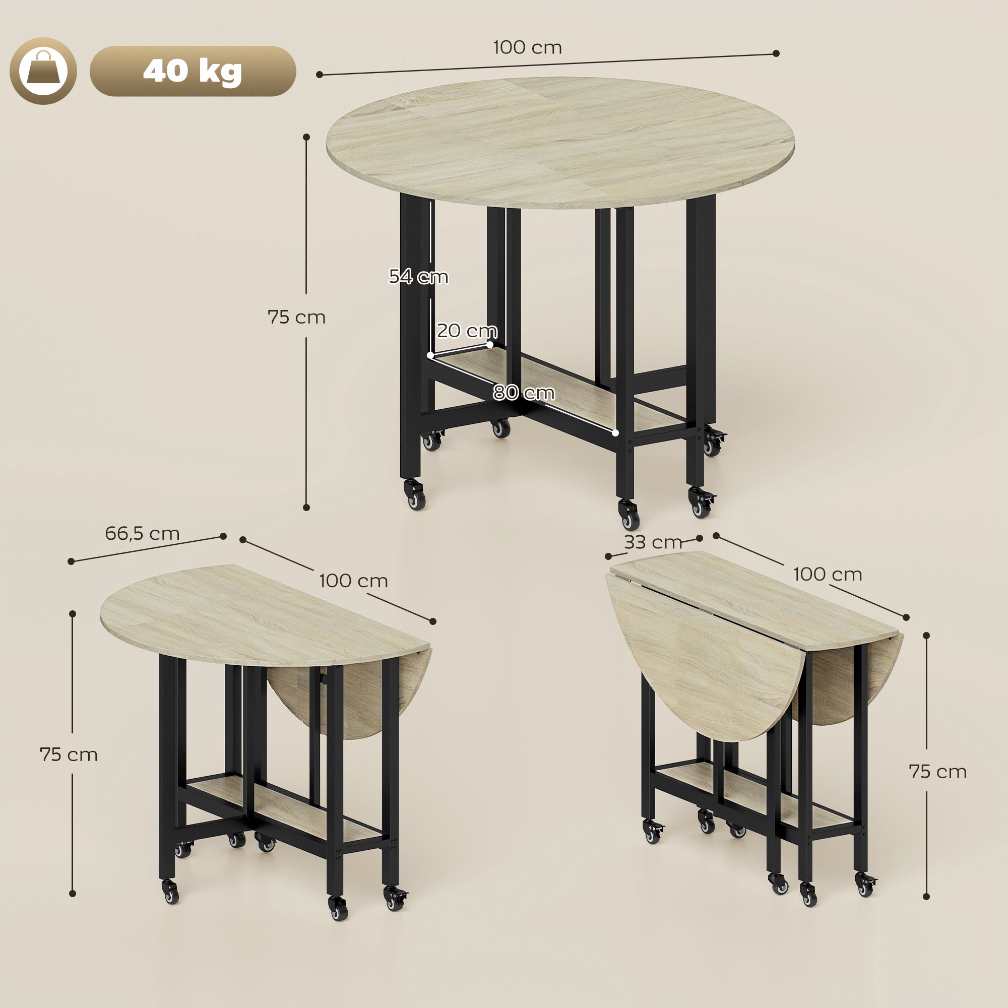 Table à manger pliante - HOMCOM - pour 4 personnes - 6 roulettes ...