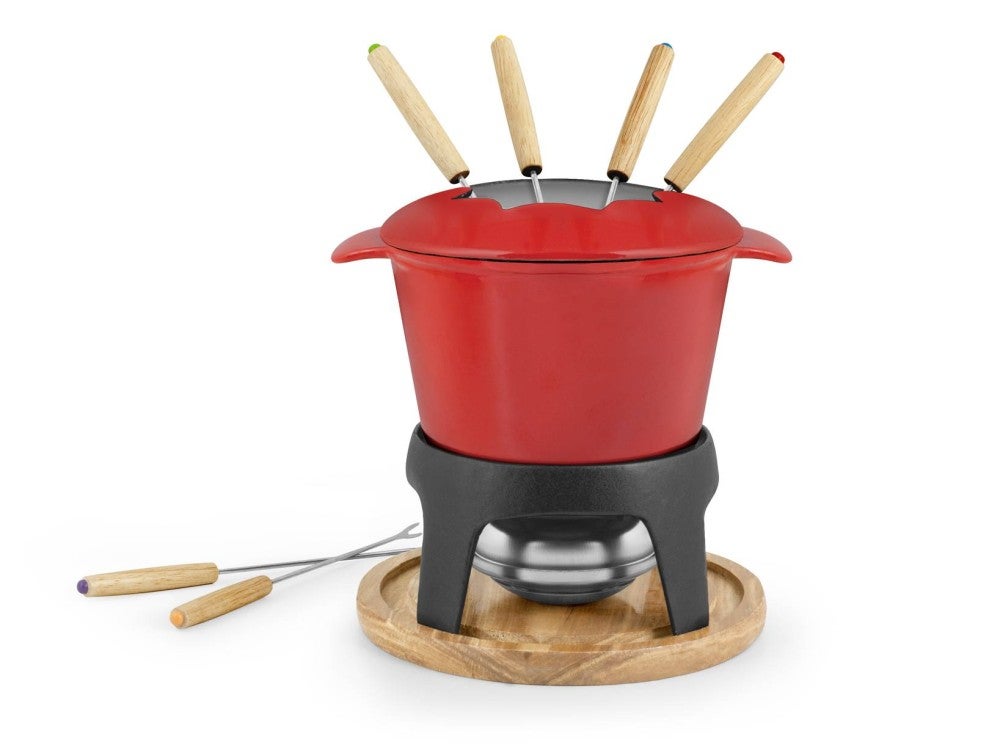H&H Lifestyle Juego De Fondue 11 Piezas Para 6 Personas, Hierro Fundido Y Madera Negro/Rojo , Leroy Merlin
