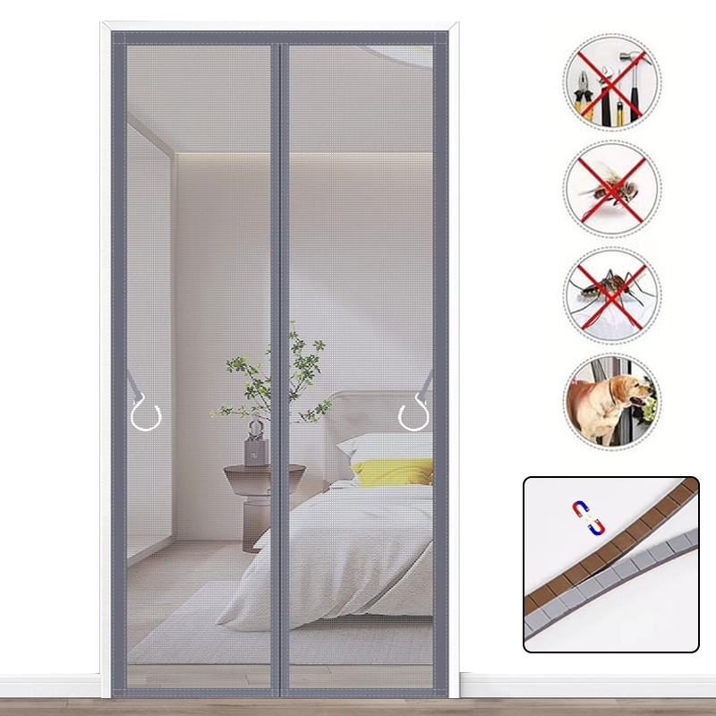 Magnetyczna moskitiera do drzwi, samoprzylepna kurtyna przeciw owadom z pełnym paskiem magnetycznym, 110 cm x 220 cm (szara)