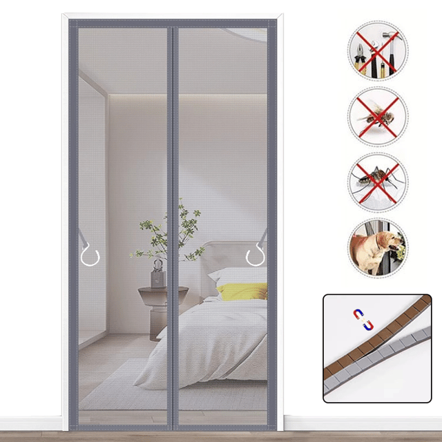 Zanzariera magnetica anti-zanzare, tenda autoadesiva anti-insetto con striscia magnetica completa, 100 cm x 210 cm (Grigio)
