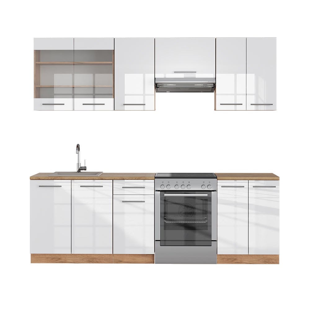 Vicco Aneks kuchenny Fame-Line, Biały wysoki połysk/złoty dąb power, 240 cm , BP Dąb