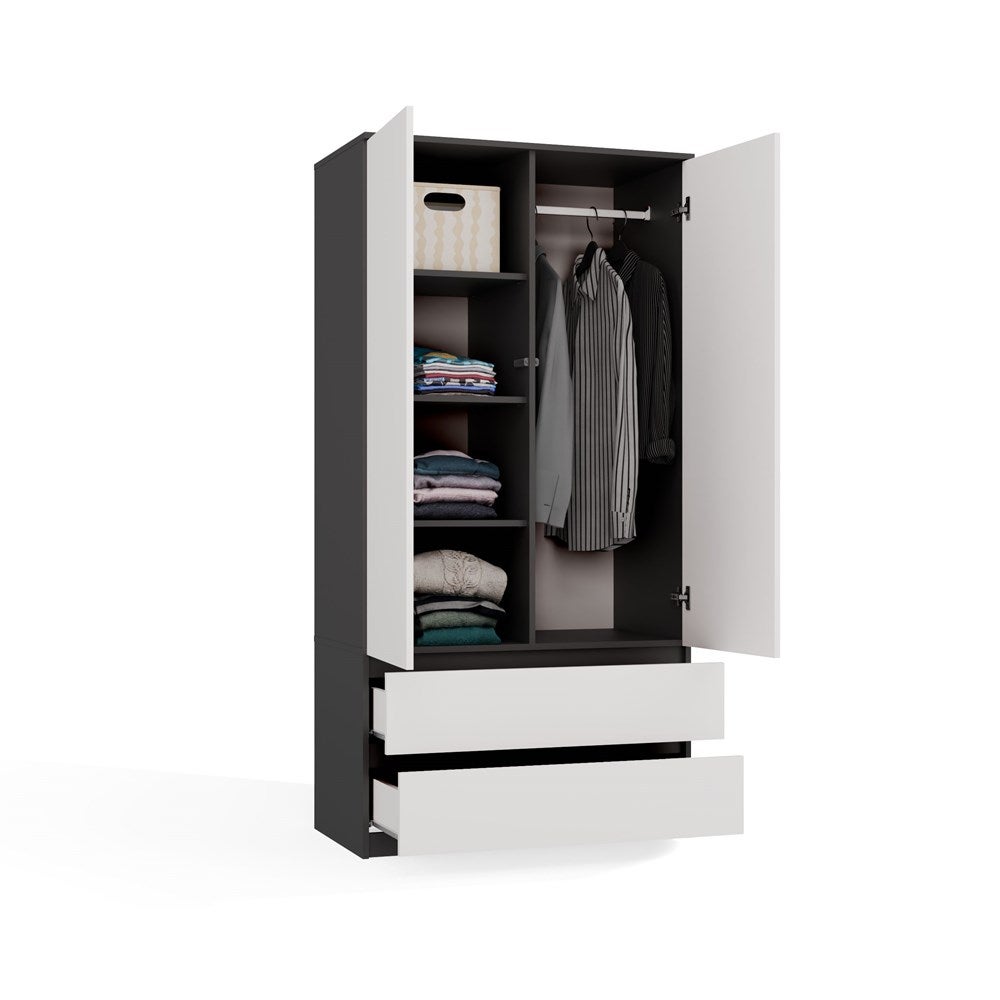 TURIN - Armoire de chambre - Penderie multifonctions - 2 portes + 2 tiroirs - Dressing - Anthracite et Blanc - 3