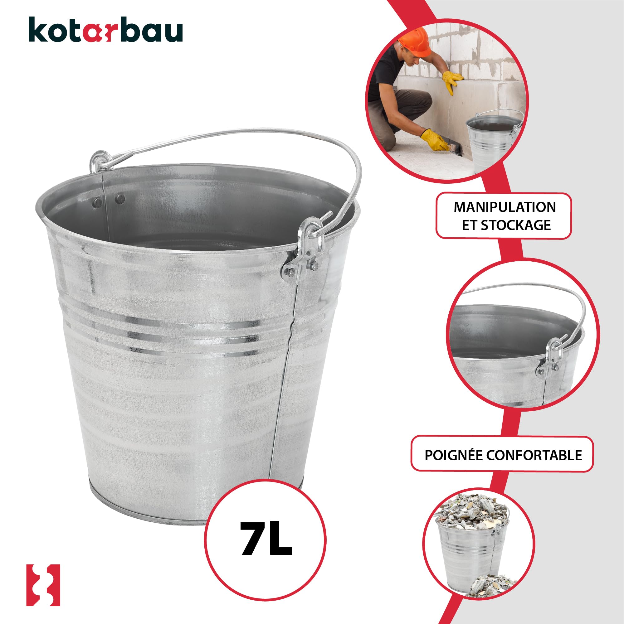 Seau à Cendre - Seau De Maçon - Acier Galvanisé - 7 L - Argent - pour le Jardinage - Résistant à la Rouille - Polyvalent KOTARBAU - 4