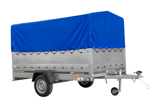 Przyczepka samochodowa jednoosiowa Unitrailer na resorach 264x150 GARDEN 265/R KIPP z burtami BIS stelaż H-800 i pokrowcem 1 szt.