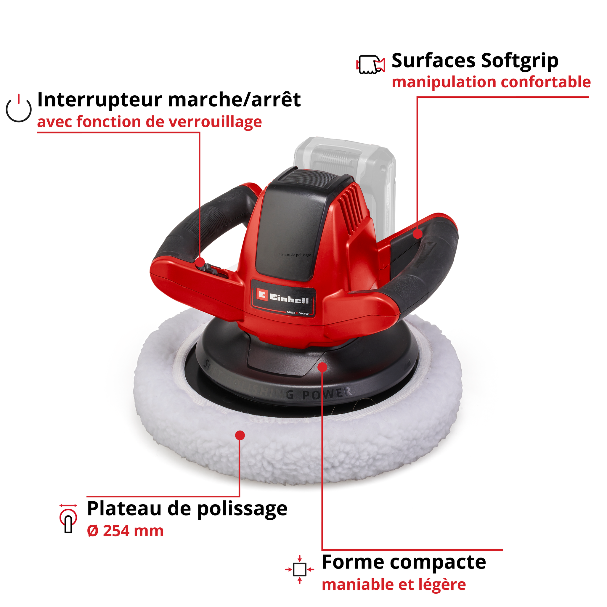 Einhell Polisseuse sans fil CE-CB 18/254 Li - Solo PXC (18V, Disque à polir 254mm) Livré sans Batterie ni Chargeur - 2