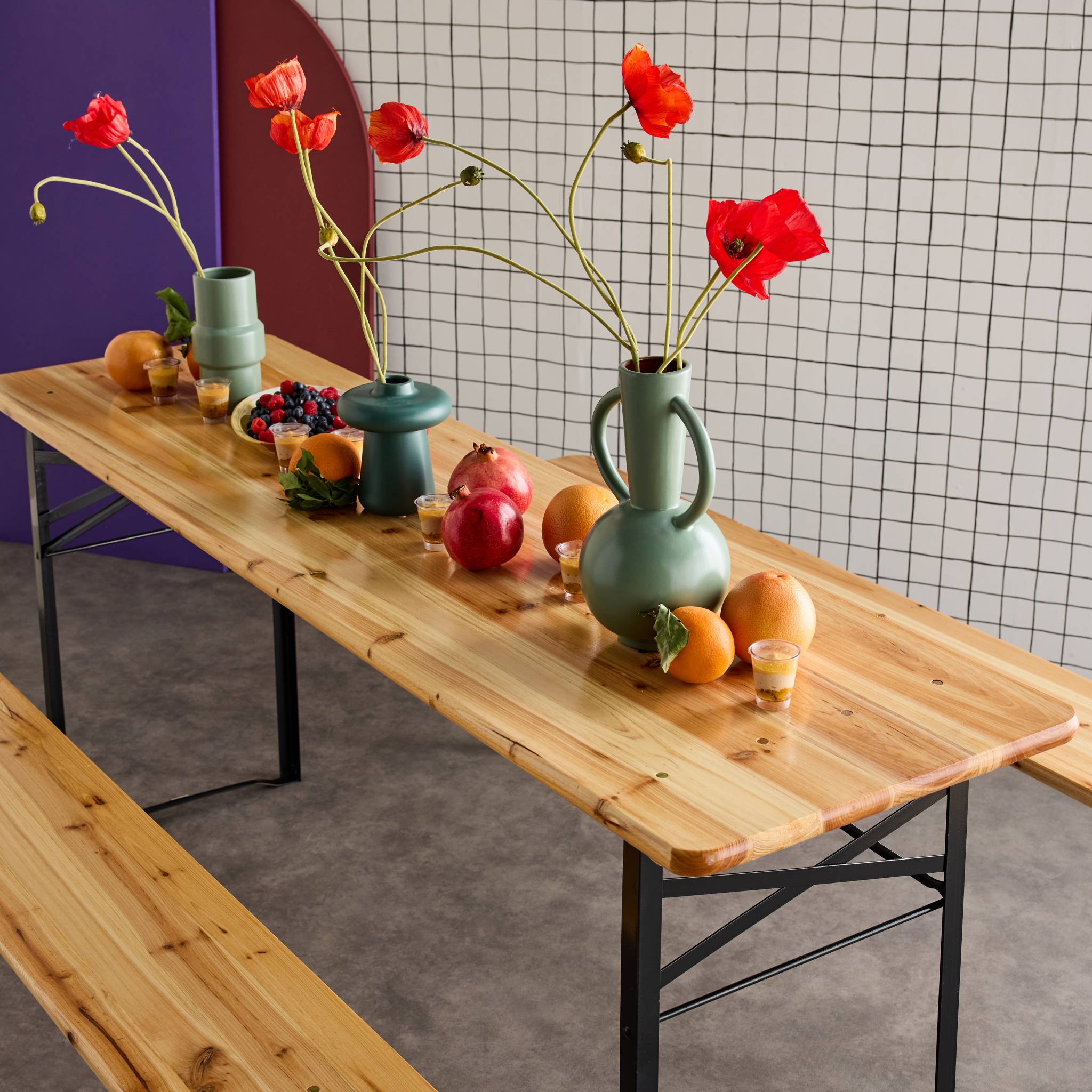 Table de jardin pliante bois de sapin + 2 bancs BAYONNE – Esprit brasserie. pliable. 6 personnes BAYONNE - 7