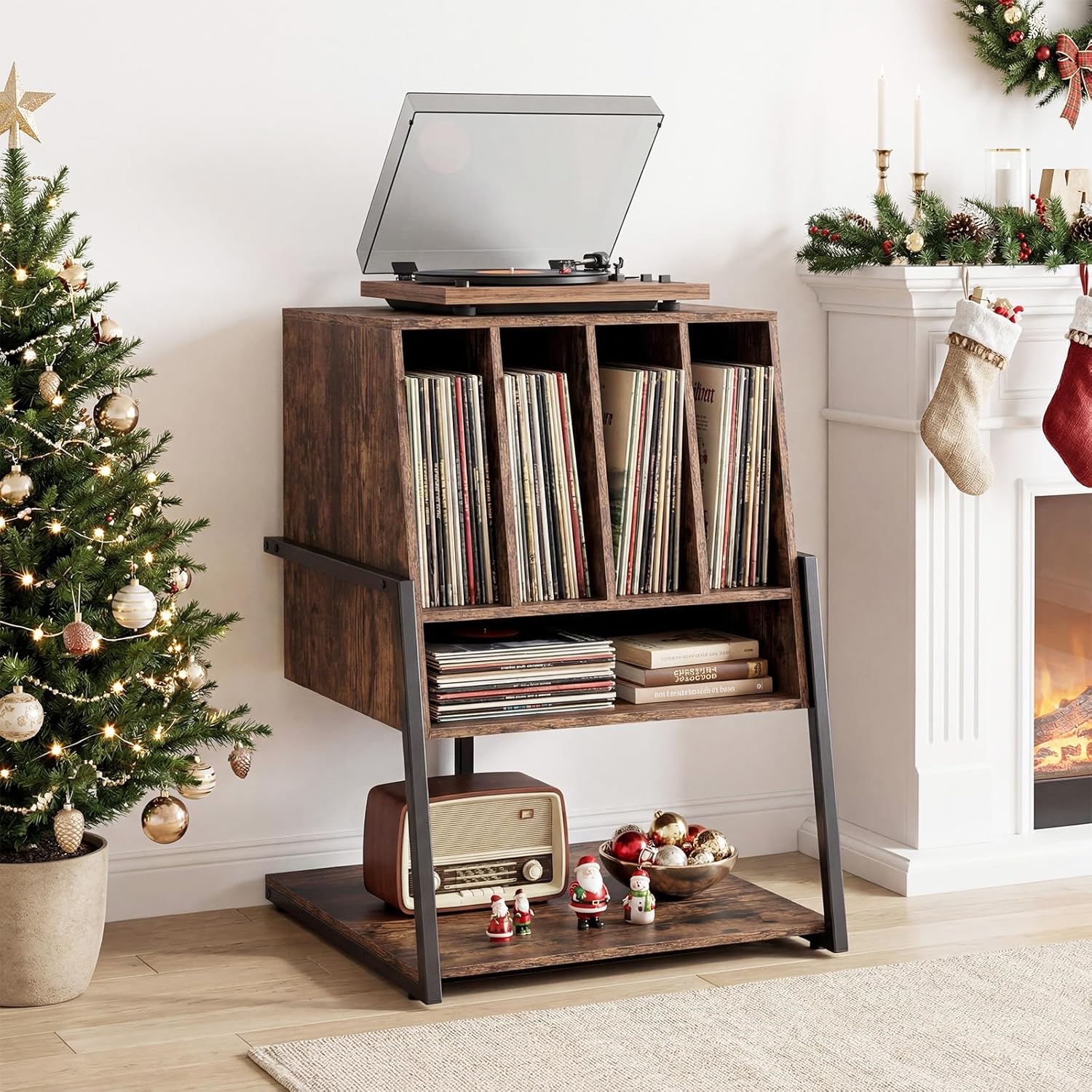 Meuble Platine Vinyle jusqu'à 180 Vinyle, 4 roulettes Inclus, Étagères, 5 Compartiments, Support Tourne Disque pour Albums, Manga, Livres, Marron - 8
