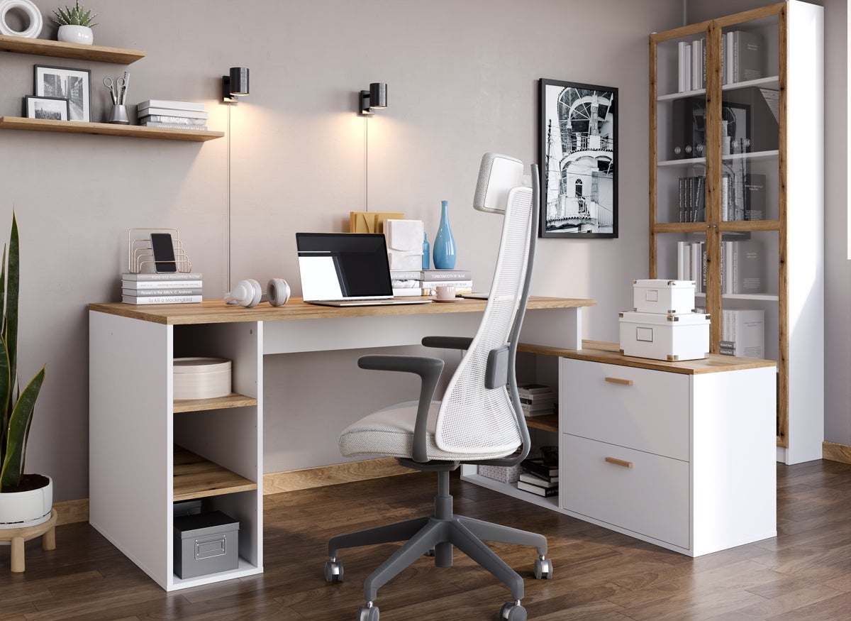 Bureau d'angle en mélamine coloris imitation chêne artisan / blanc - Longueur 183 x profondeur 141 x Hauteur 75 cm - 3