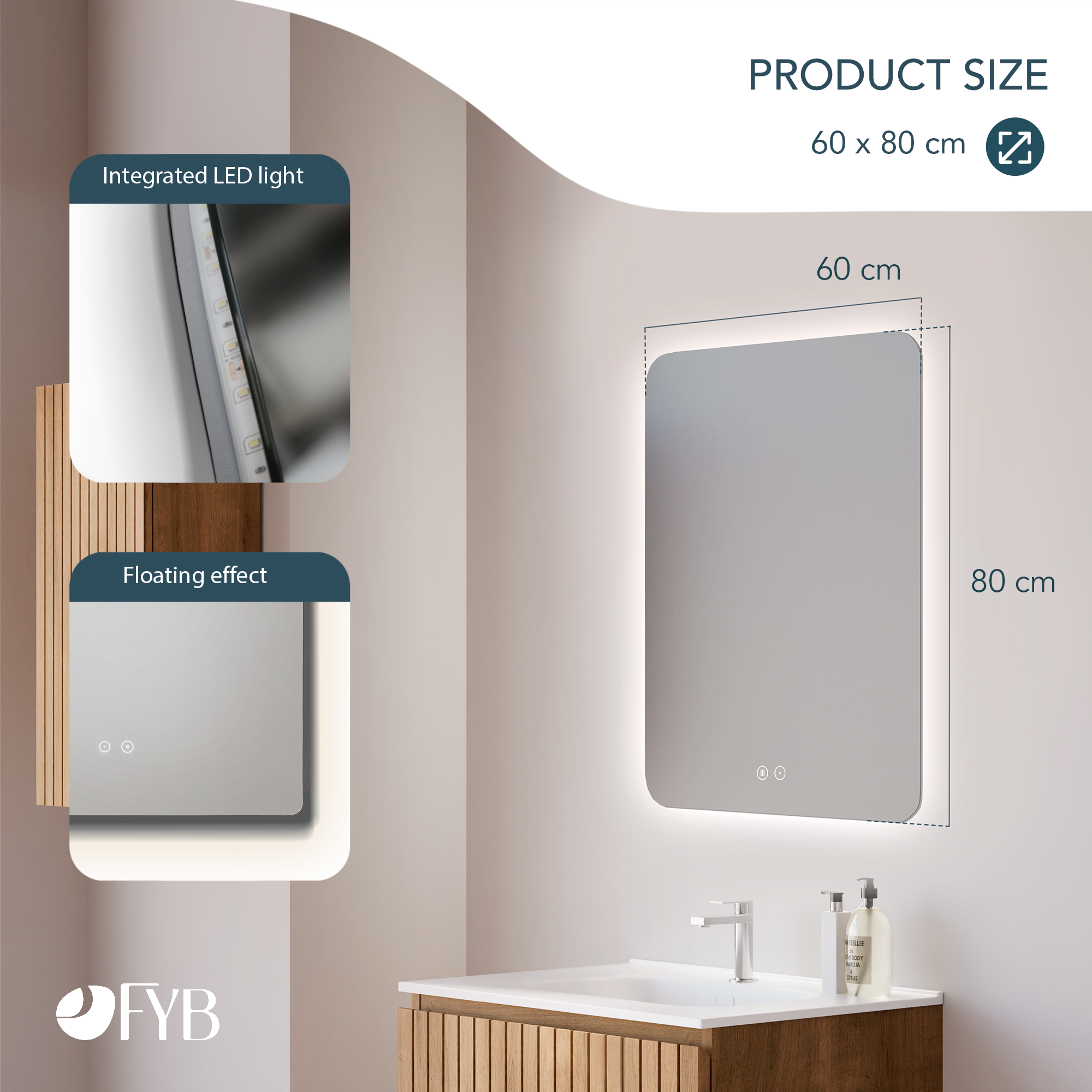 Feel Your Bath, Miroir de Salle de Bain Carré avec Lumière LED Réglable 60x80cm, avec Interrupteur Tactile, Antibuée et Arrêt Automatique - 5