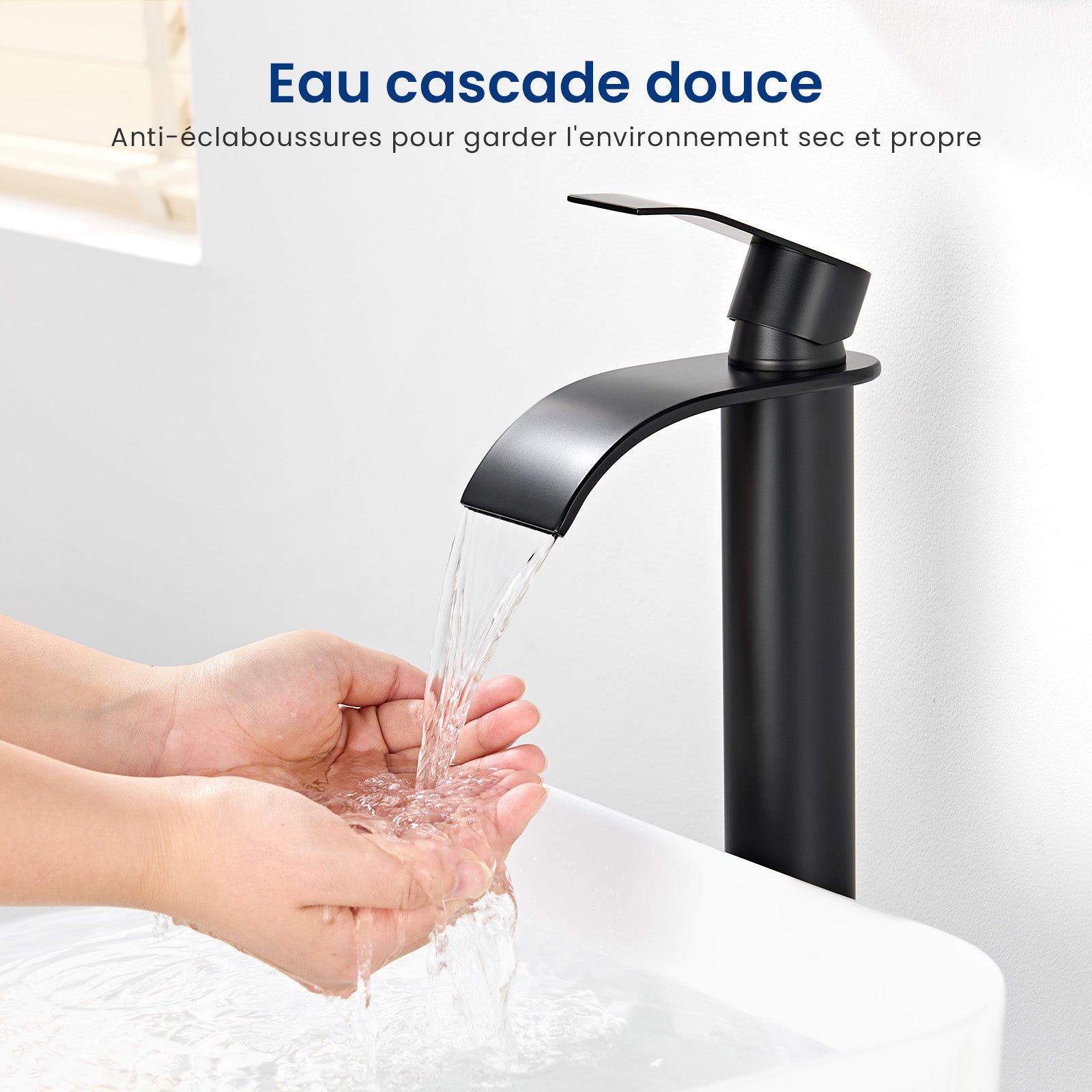 Mitigeur Robinet de Lavabo Cascade Noir Moderne Mitigeur Robinet Salle Bain pour Vasque à Poser Robinetterie Convient pour un Lavabo - 5