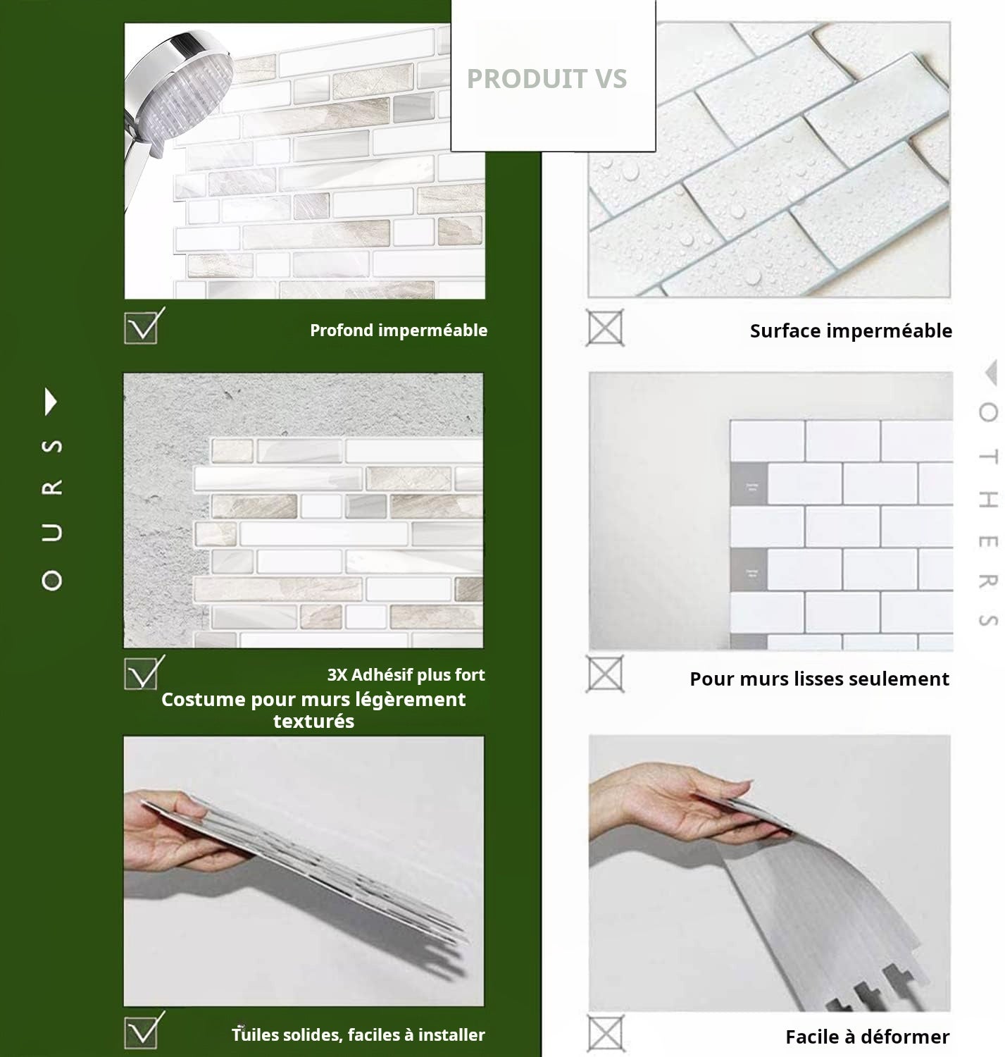 10 pièces Stickers muraux 3D effet marbre 30x30 cm – Autocollants étanches cuisine salle de bain, relief PU - 2