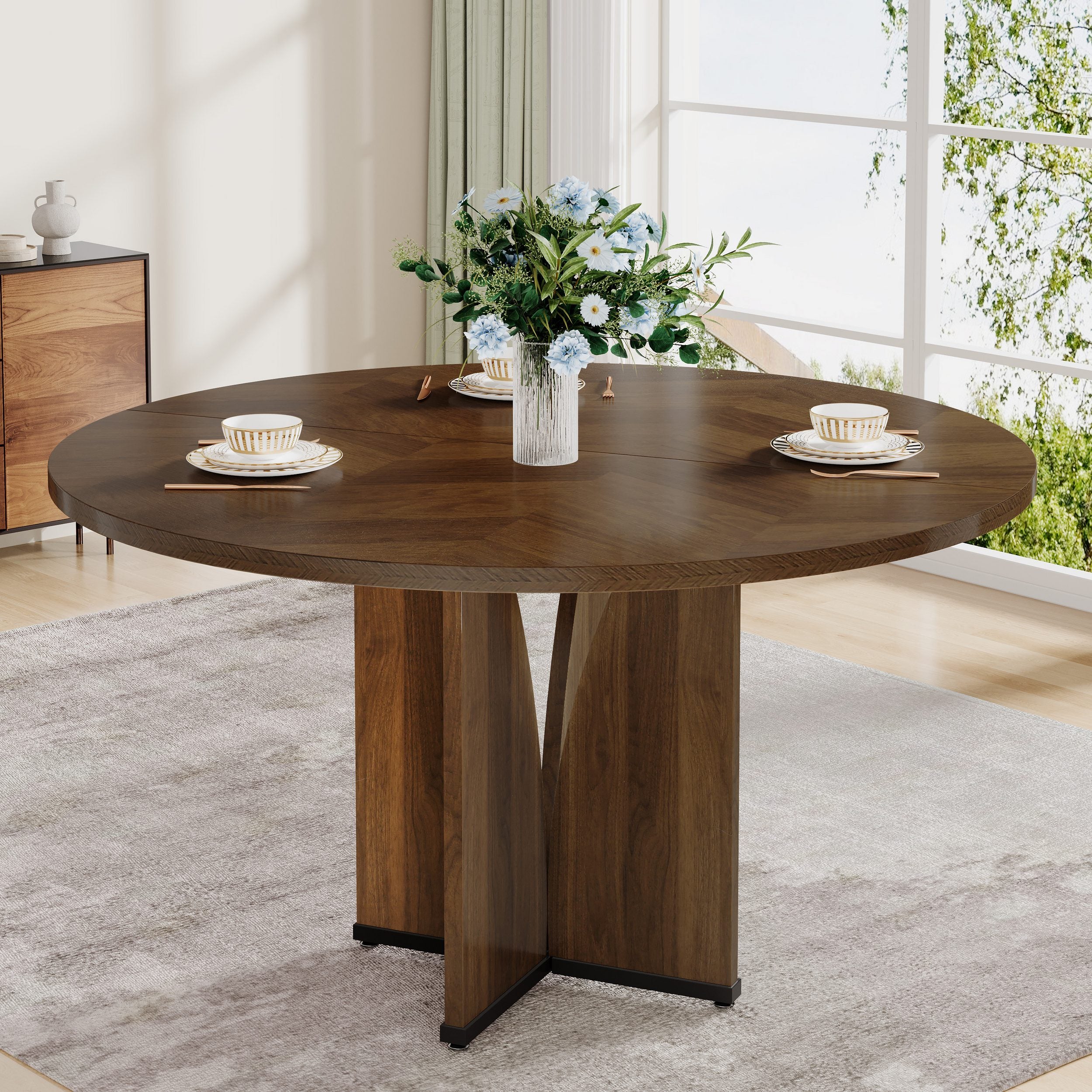 Tribesigns Tavolo da pranzo rotondo per 4 persone, 100*100*75cm, con piano e gambe in legno, marrone rustico - 8