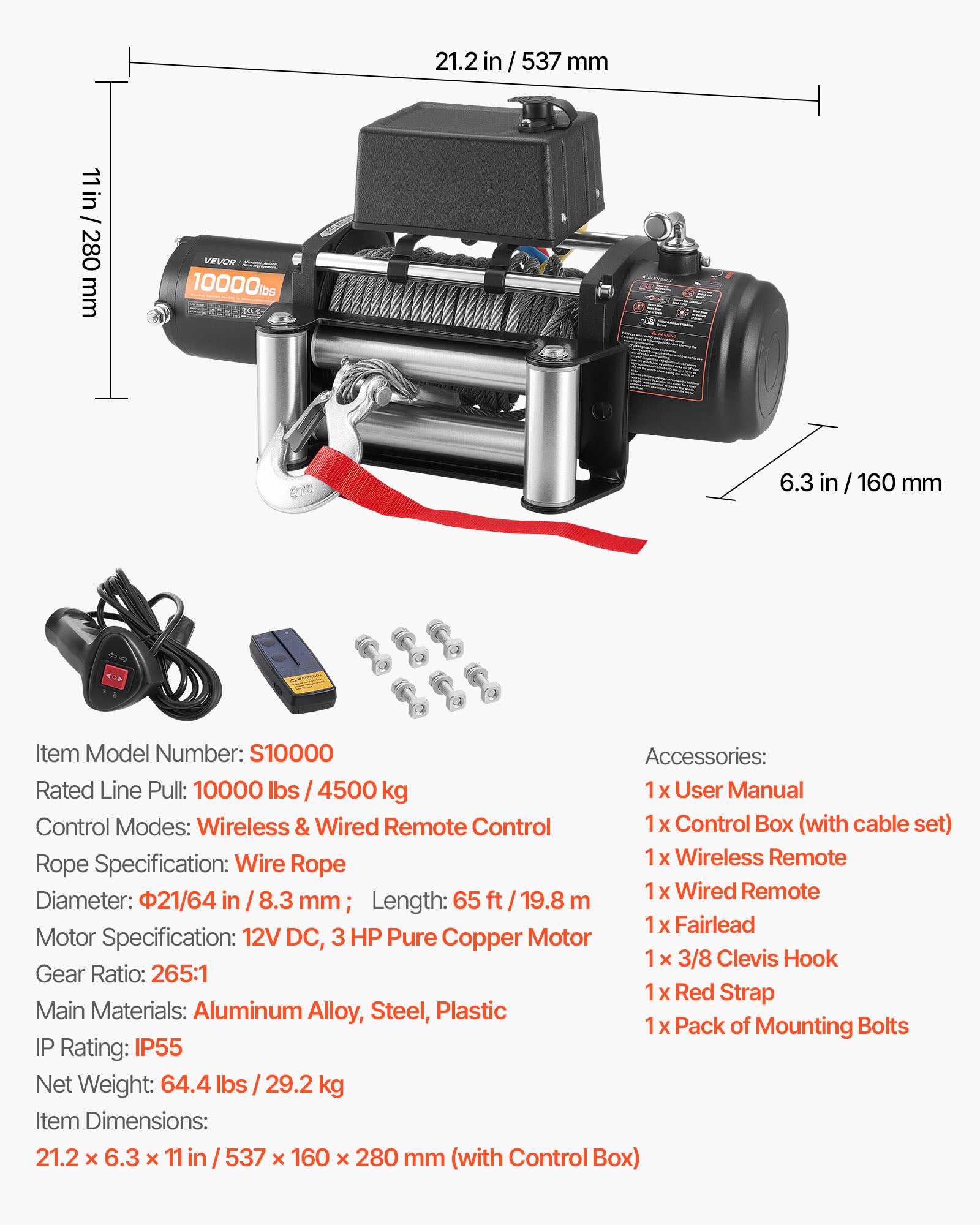 Treuil Électrique VEVOR 12 V CC 4500 kg avec Câble en Acier Φ 8,3 mm x 19,8 m, Télécommande, Étanchéité IP55, pour Remorquage de SUV, Jeep, Bateau - 7