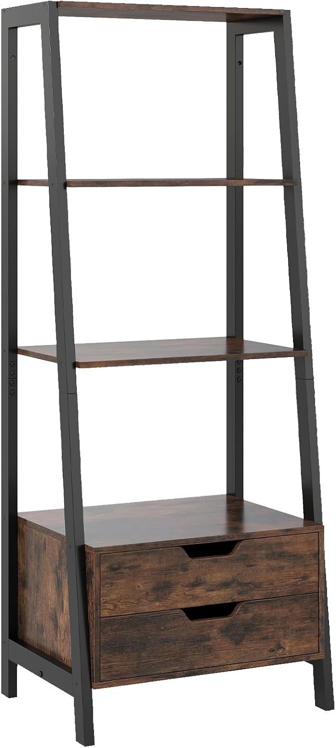 Biblioteka Salonowa 4-Poziomowa z 4 Regałami, 2 Szufladami, Regał z Drabinką Samonośna z Metalową Ramą, 52 x 39,5 x 134 cm (Industrial)