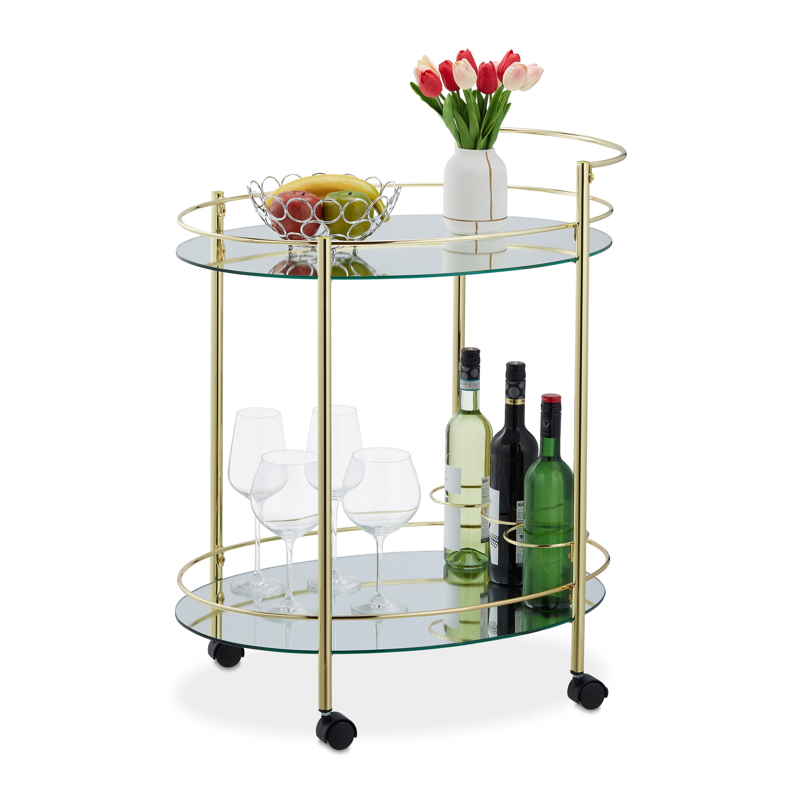 Relaxdays Carrello da Cucina, 2 Ripiani, HLP: 79x45x65,5 cm, Vetro e