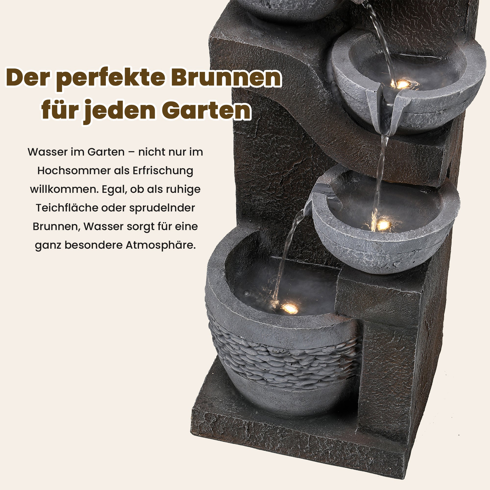 Fontaine de jardin LED avec pompe 5 W - Résine effet pierre naturelle - 33,5 x 30,5 x 77,5 cm - Gris - 5