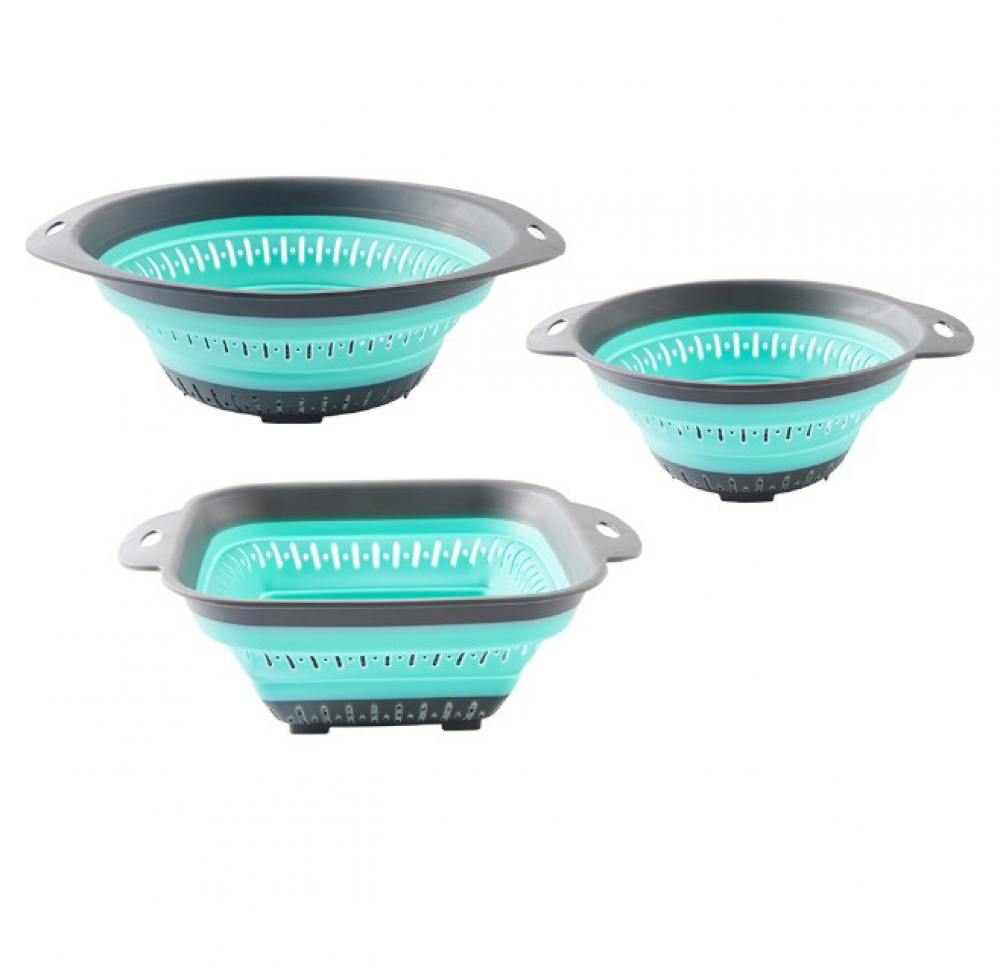 (Zielony, opakowanie 3 szt.) Składany silikonowy kosz ociekowy, silikonowy kosz do przechowywania w kuchni, kosz ociekowy na warzywa i owoce