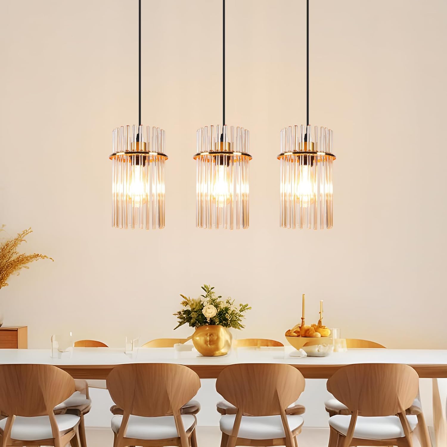 Candeeiro Pendente Vintage Gold Nettlife, 3 Lâmpadas em Vidro, Casquilho E27, Ø 16 cm, para Mesa, Cozinha (sem lâmpadas). - 9