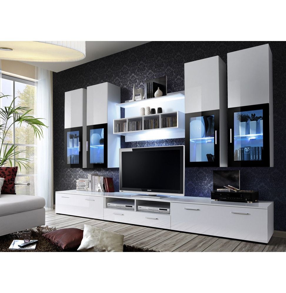 Meuble TV BELINI NEX I 300x180x36cm - Noir Brillant Avec LED | Unité Murale Design