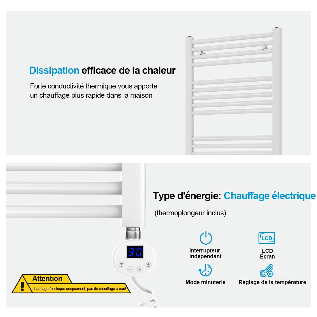 Heilmetz Sèche-Serviettes Electrique, Radiateur Sèche-Serviettes 70x40 cm Blanc avec Timing Elément de Chauffage Electrique - 6
