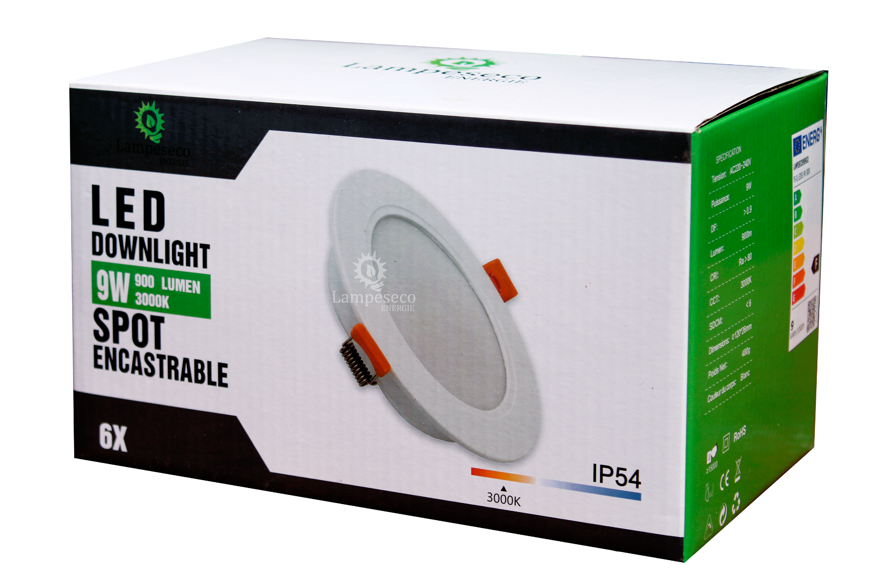 6 Spot LED Encastrable Extra Plat 9W Salle de Bain IP54 Blanc Chaud 3000K - 3
