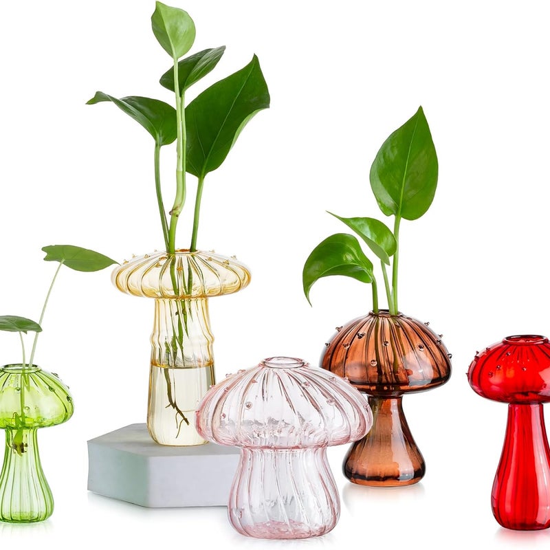 Donice w kształcie grzybów, 5 kolorowych szklanych wazonów, stacja do rozmnażania roślin, mini hydroponiczna doniczka na biurko