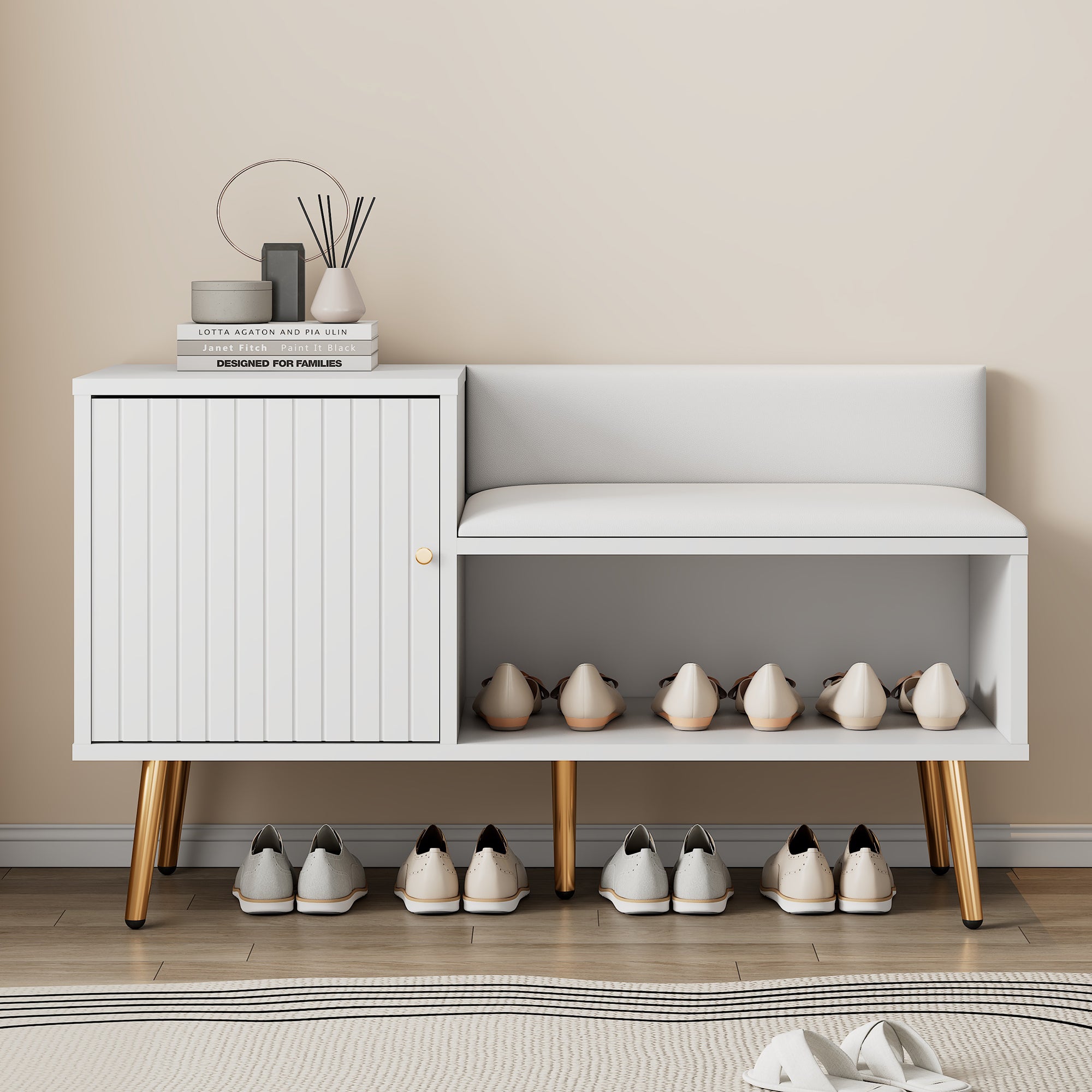 Commode à chaussures moderne luxueuse blanche, siège rembourré avec dossier, poignées/pieds métalliques, idéal entrée, dims: L100×P40×H58 cm - 2