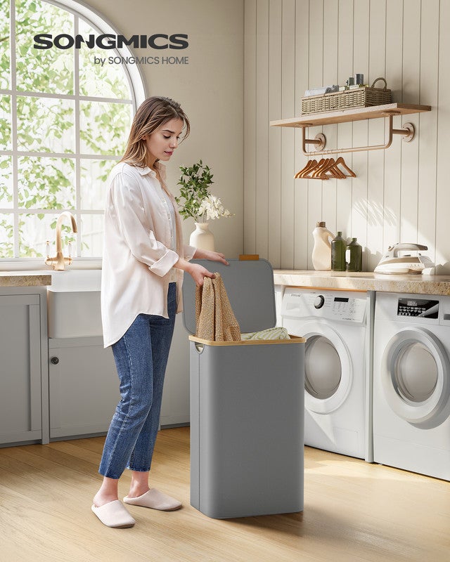 Panier à Linge Mince avec Couvercle, 90L, Doublure en Maille Amovible, Poignées en Bambou, Pliable, 42 x 32 x 70,5 cm, Gris Tourterelle - 2