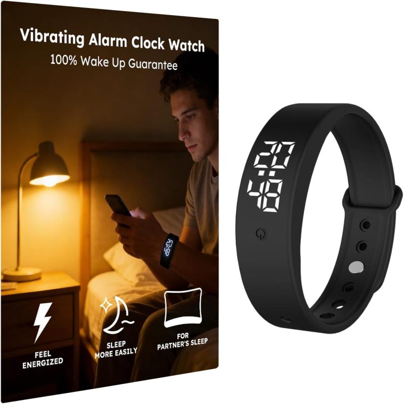 Bracelet réveil vibrant pour gros dormeurs, réveil silencieux intelligent, noir - 2