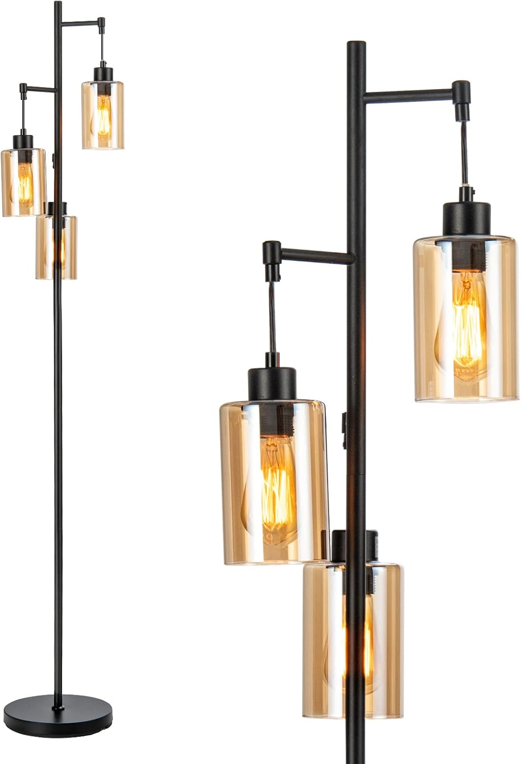 Lampa Podłogowa 3 Lamps Czarna 164 cm, Lampa Podłogowa na Stojaku z 3 Szklanymi Kloszami, Okrągła Podstawa, Włącznik Nożny, Gniazdo E27, Salon, Biuro