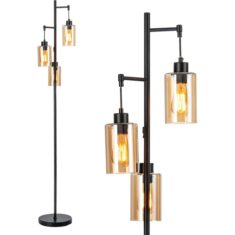 Lampa Podłogowa 3 Lamps Czarna 164 cm, Lampa Podłogowa na Stojaku z 3 Szklanymi Kloszami, Okrągła Podstawa, Włącznik Nożny, Gniazdo E27, Salon, Biuro