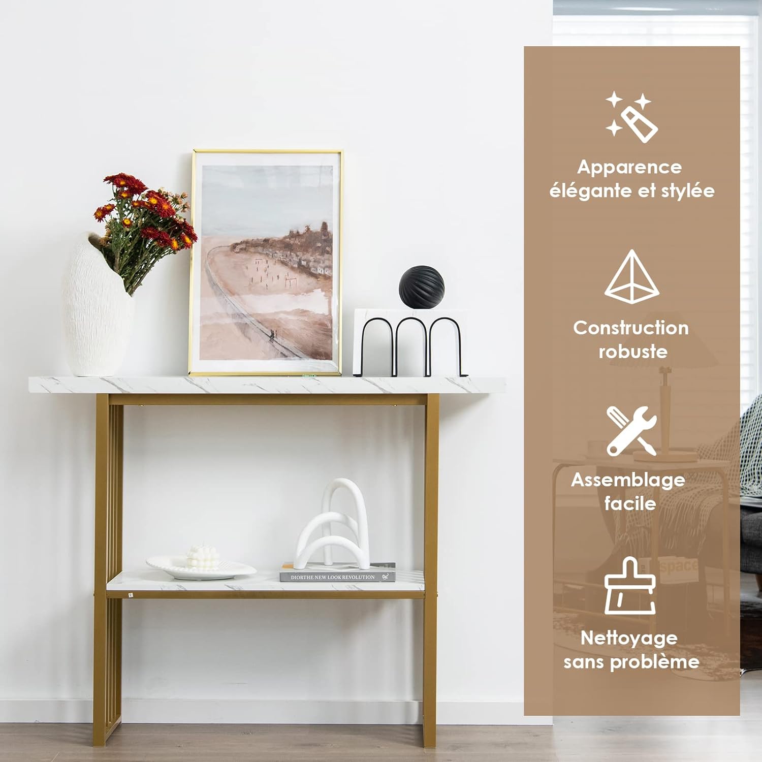 Table Console à 2 Niveaux, Cadre Métallique et Plateau de Marbre, Table d'Entrée de Dispositif Anti-Chute, Charge 50KG - 5