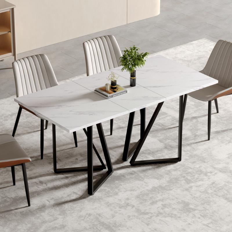 Nowoczesny rozkładany stół jadalny z wzorem marmuru i regulowanymi metalowymi nogami, idealny do jadalni i kuchni (biały + czarny)