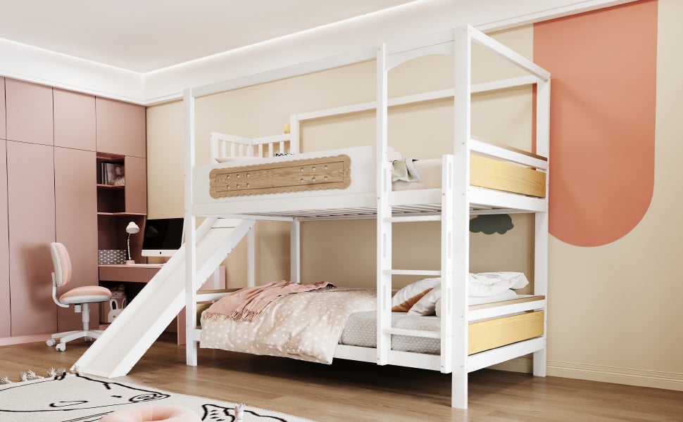 Łóżka piętrowe 2 x 90 x 200 cm z barierkami i zjeżdżalnią - Sosna + sklejka + MDF - Białe (Materace nie są wliczone w cenę) - 4