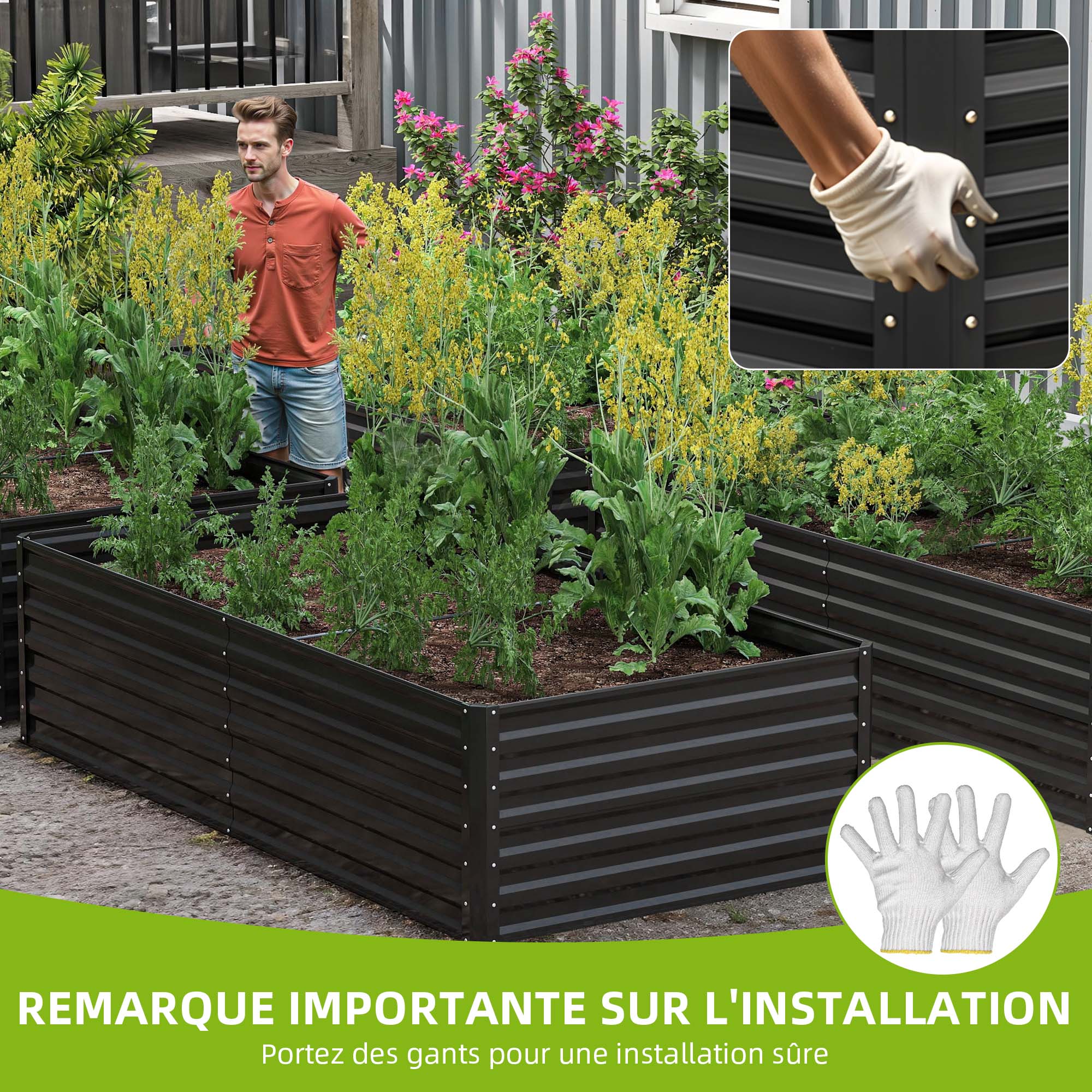 Lot de 2 Carré Potager de Jardin, 180x90x60 cm, Lit Jardinière surélevée, en Métal pour Jardin Forme carrée - 6