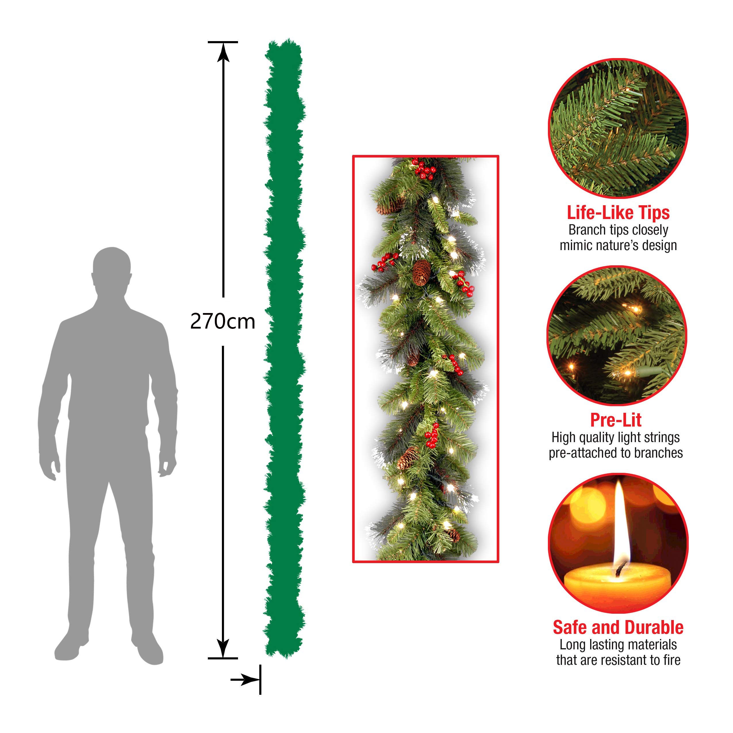 Grinalda de Natal artificial pré-iluminada, 270 cm, decoração de Natal, com pinhas e frutinhas vermelhas, 8 modelos, para escadas e lareiras, verde. - 3