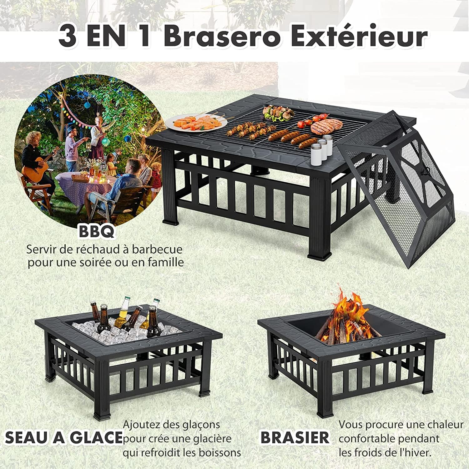 Brasero de Jardin Carre en Fer,Table de Foyer Maille et Couvercle Pare-etincelles avec Tisonnier Long,81x81x50cm - 7