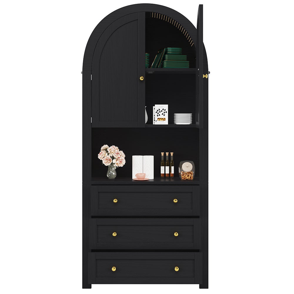 Armoire haute rangement, tiroirs/portes, étagères courbées noires, espace exposition ouvert - 6