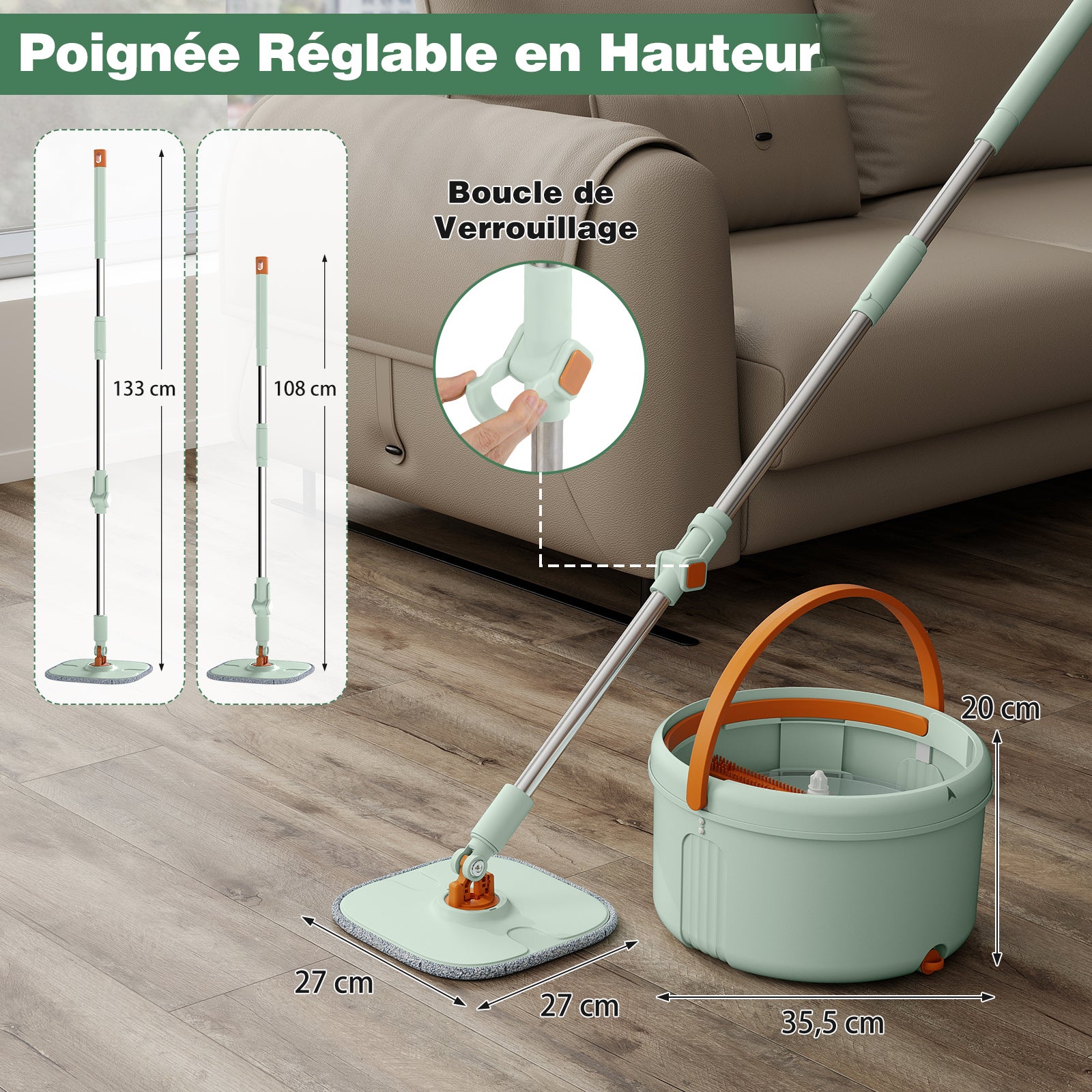 Balai Serpillère Rotatif 360° Avec Seau Essoreur - Kit Complet Vert - Manche Télescopique & Microfibres Ultra Absorbantes - Nettoyage Facile Sols Tous Types