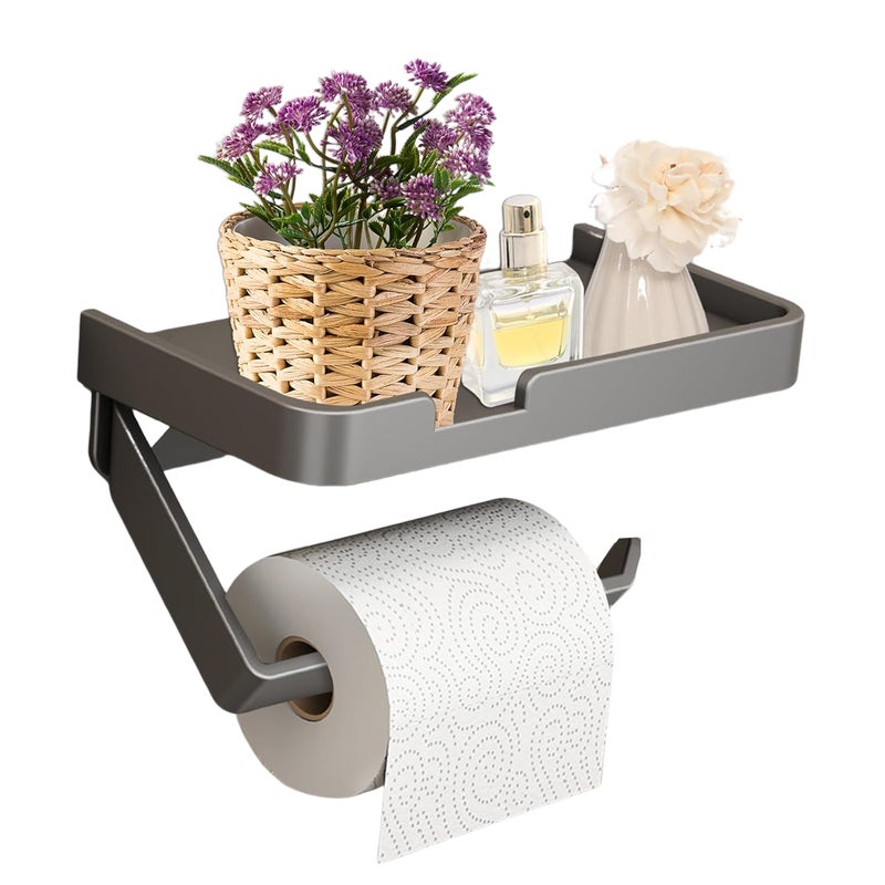 Uchwyt na papier toaletowy, półka do przechowywania, szary, z półkami, nie wymaga wiercenia, odpowiedni do kuchni i łazienki