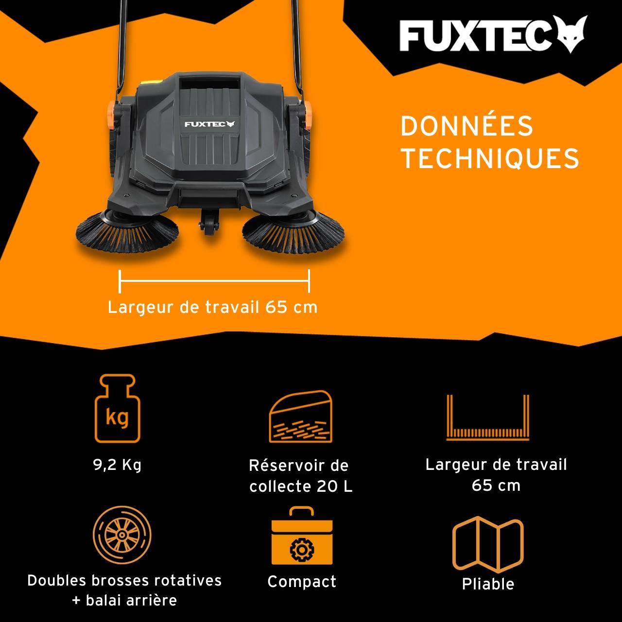 FUXTEC FX-HK65 - Barredora manual para exteriores, ancho de trabajo 650mm, depósito 20L, ideal para superficies hasta 2000m² - 3