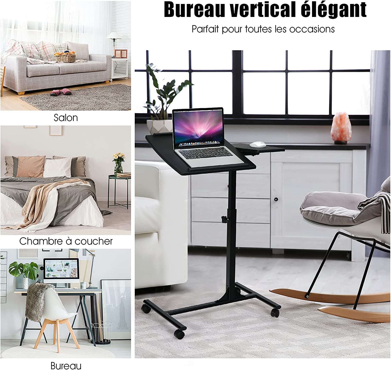 table d’ordinateur à roulettes portable en mdffer hauteur réglable 71-93 cm avec 4 roulettes (noir) - 2