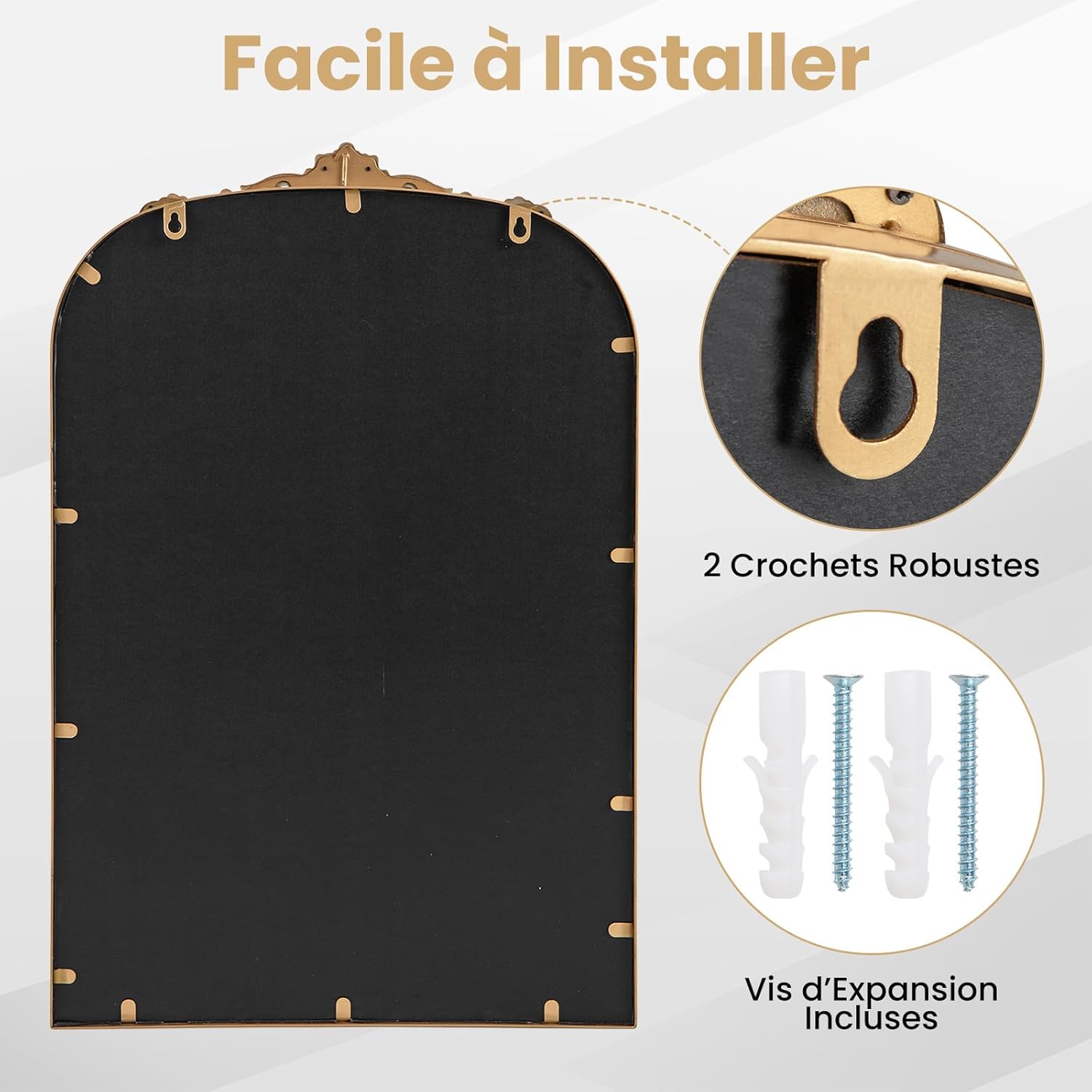 Miroir Mural Doré Vintage, Miroir Arqué Décoratif avec Cadre Baroque Orné, Métal Robuste, Décoration Murale pour Entrée, Salon, Couloir (51x76 cm) - 3