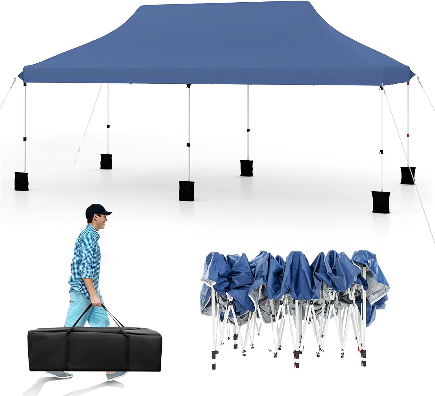 Altana Ogrodowa 3x6 m, Składana, z Regulowaną Wysokością, Torba Transportowa, 6 Worków z Piaskiem, Przenośny Pawilon na Wesela, Pikniki, Niebieska