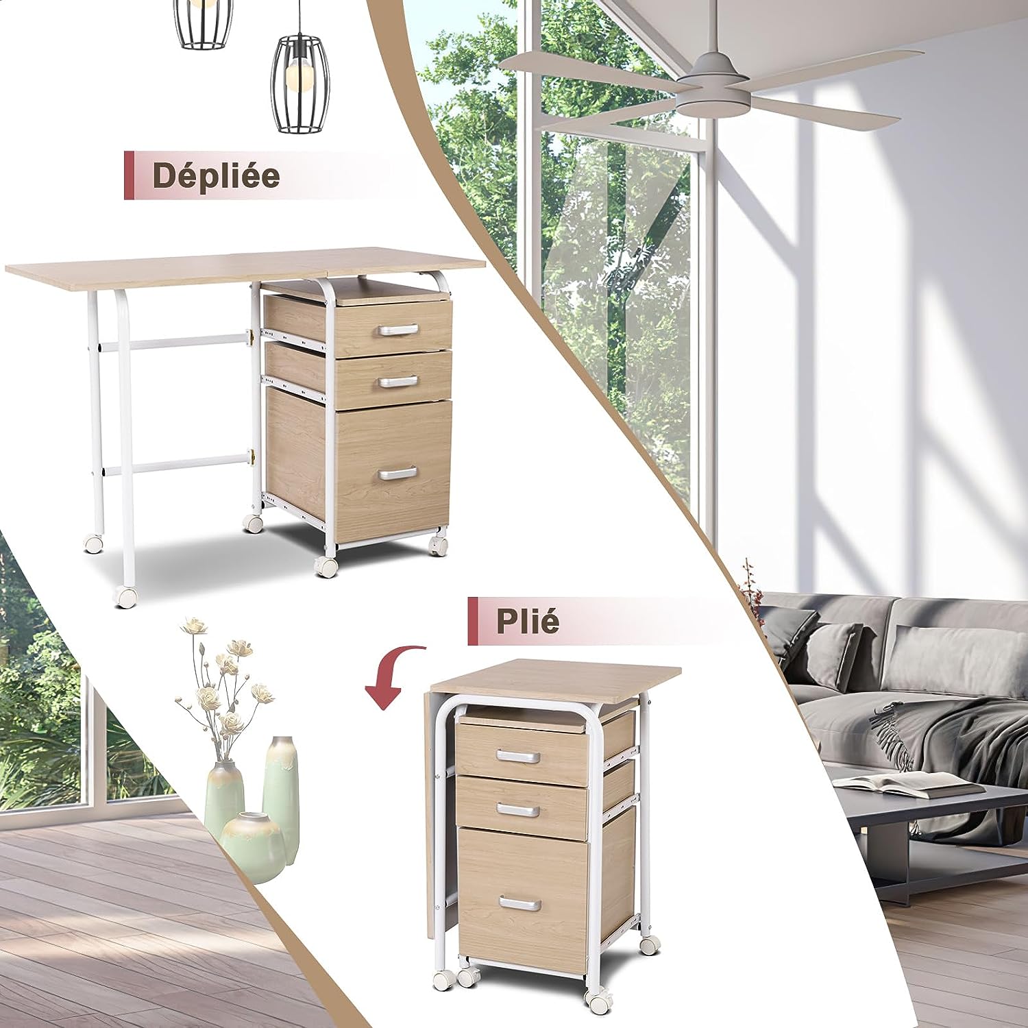 Bureau Pliable avec 3 Tiroirs, Table d'Écriture Roues Verrouillables, Bureau à Domicile Roulant avec Cadre en Métal, Naturel - 3