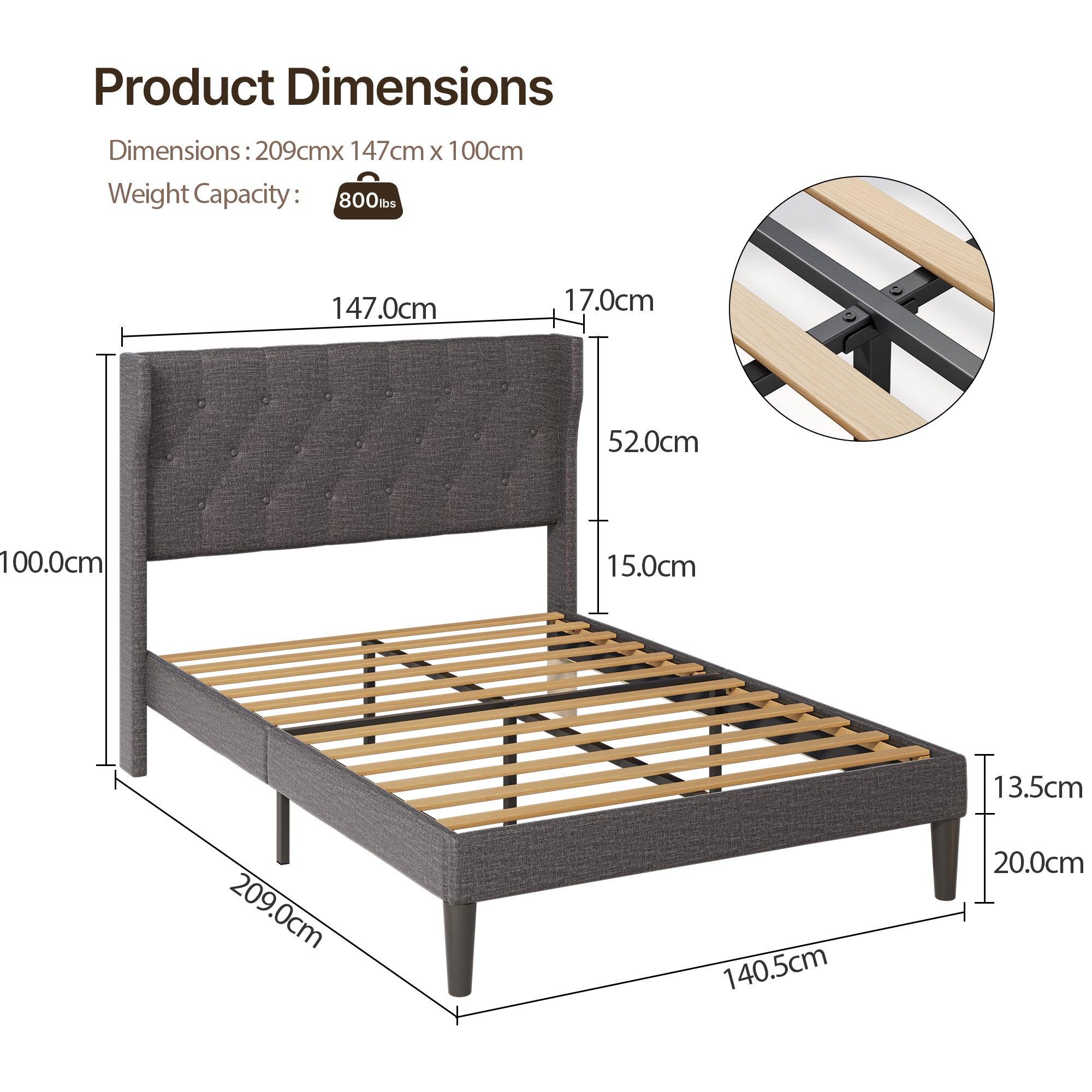Bealife Lit 140 x 200 cm Lit Simple Structure de Lit Lit Rembourré Lattes en Bois de Spin 20 cm de Rangement Gris Foncé - 3